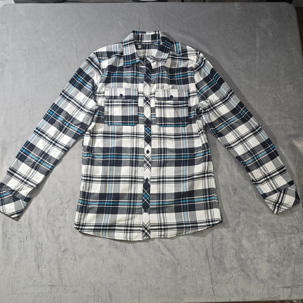 All in Motion Mens Plaid Long Sleeve Button Down Shirt White‎ Black Blue Small